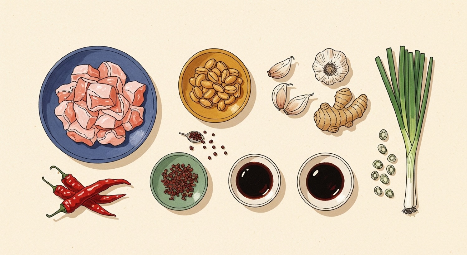 Flat-lay of kung pao chicken ingredients — diced chicken, roasted peanuts, dried red chillies, Sichuan peppercorns, garlic, ginger, spring onion, soy sauce and black vinegar