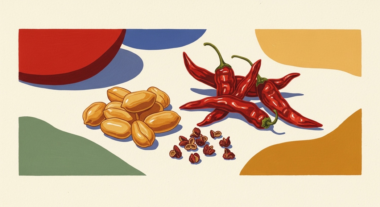 Close-up of roasted peanuts, dried red chillies and Sichuan peppercorns — the signature kung pao trio
