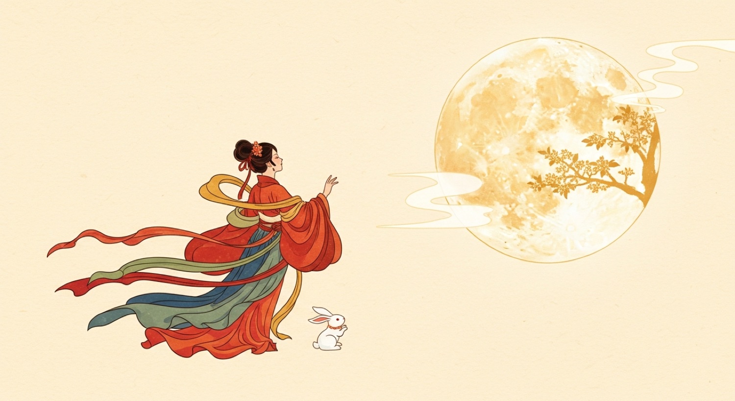 The moon goddess Chang'e ascending to the full moon with a jade rabbit — the Mid-Autumn legend