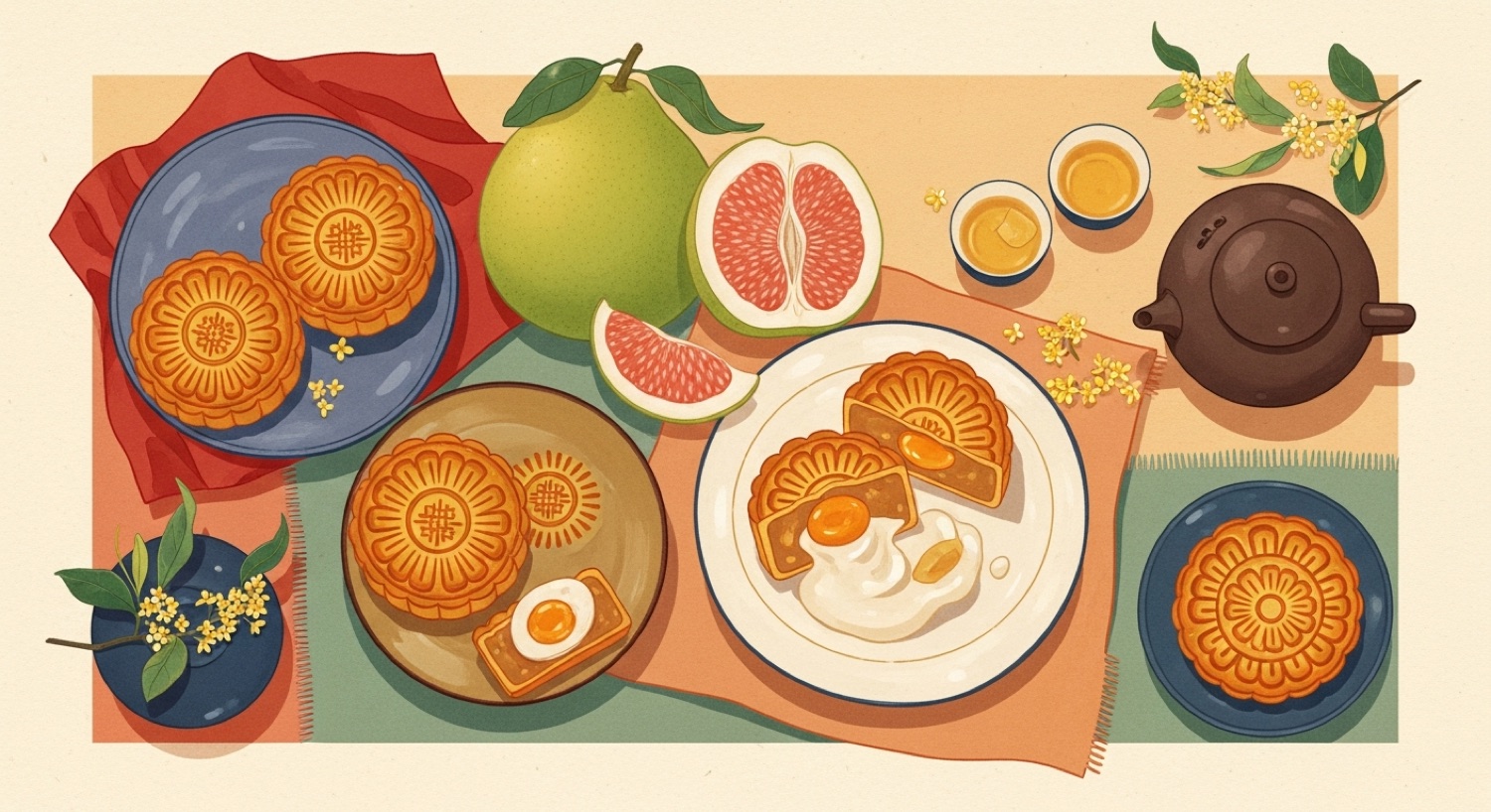 Mid-Autumn foods — mooncakes (one cut to show the salted-egg-yolk centre), pomelo, tea and osmanthus