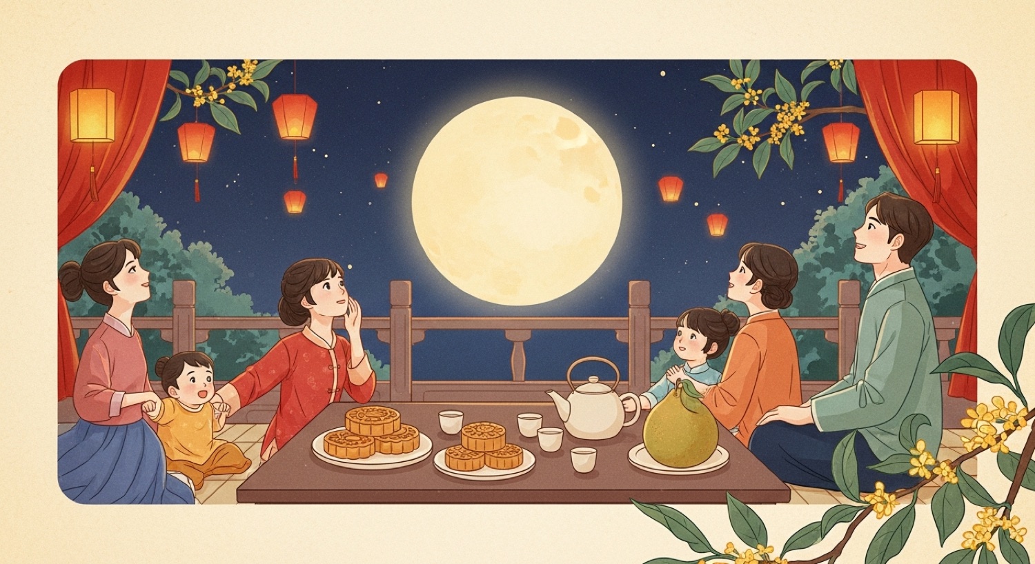 A Mid-Autumn Festival scene — a family gazing at the full moon over a table of mooncakes, tea and pomelo, among lanterns and osmanthus