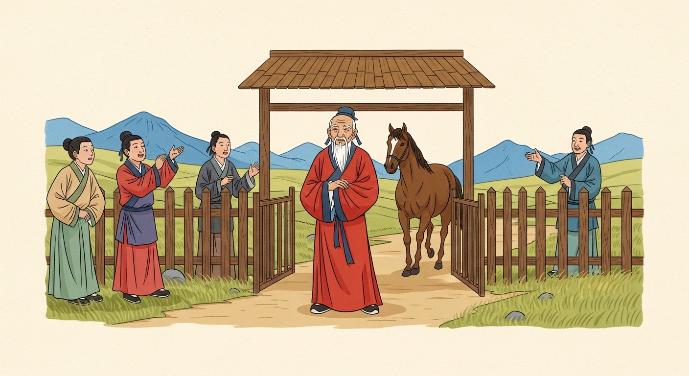 塞翁失马 (sài wēng shī mǎ) — the calm old man of the frontier, his lost horse returned as neighbours look on