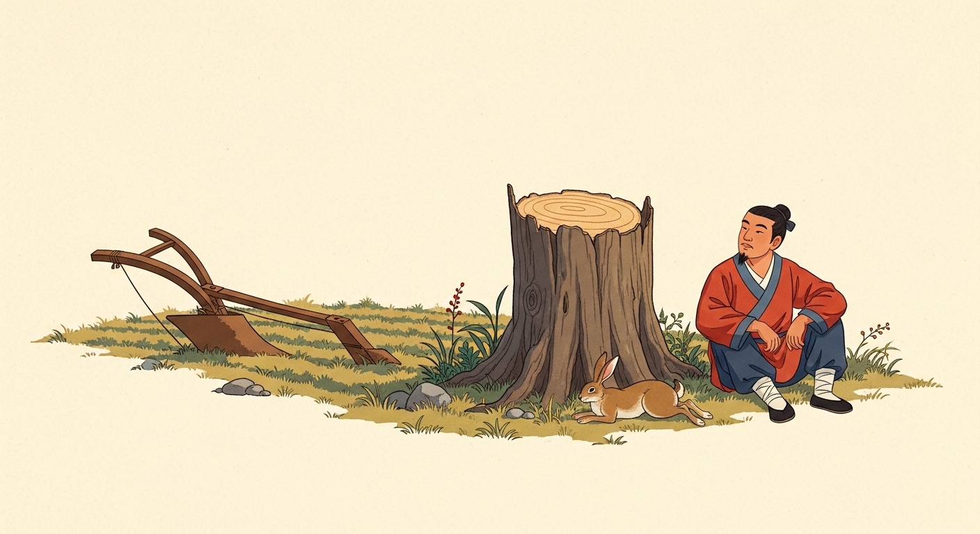 守株待兔 (shǒu zhū dài tù) — a farmer sits idly by a tree stump waiting for a hare, his plough abandoned in a weedy field