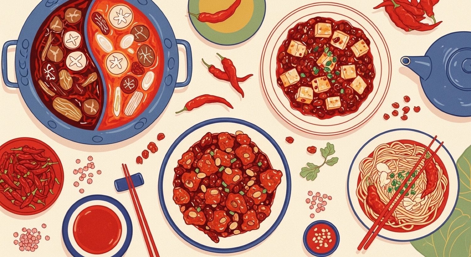 A fiery spread of Sichuan dishes — hot pot, mapo tofu, kung pao chicken, dan dan noodles, dried chillies and Sichuan peppercorns