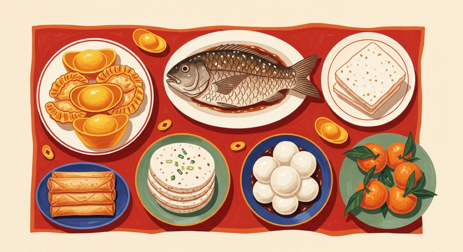 Symbolic Chinese New Year foods — golden dumplings, a whole fish, rice cake, tangyuan, mandarin oranges and spring rolls