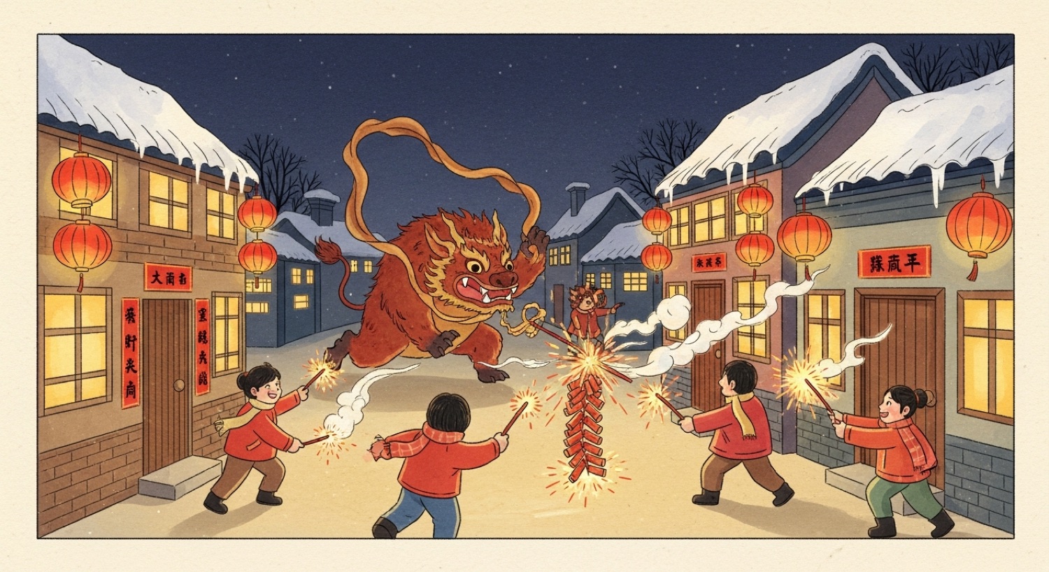 The legend of Nian — villagers in red drive off the New Year beast with firecrackers and red lanterns on a snowy street