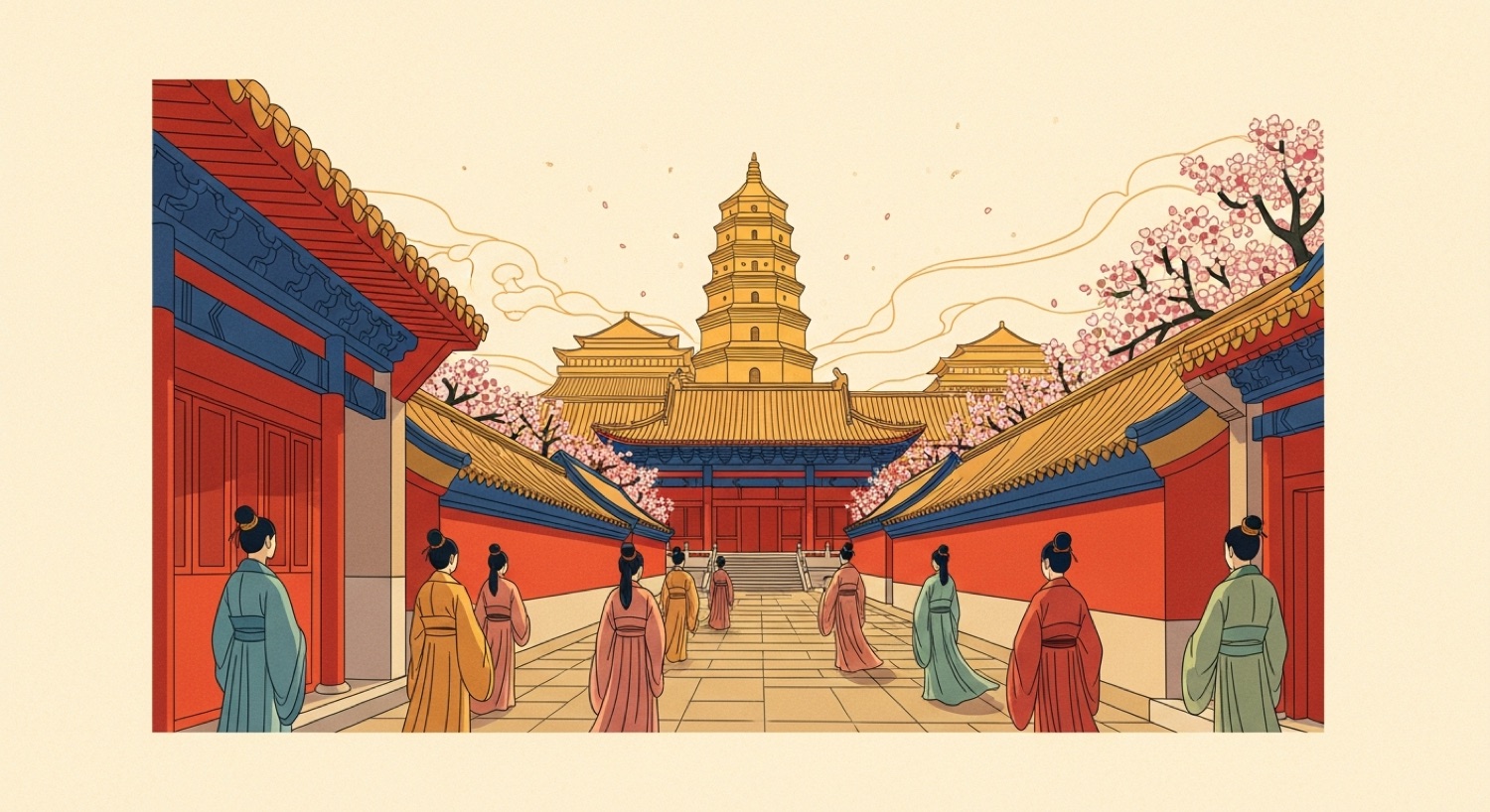 The Tang dynasty capital Chang'an — a golden-age avenue with a pagoda and figures in Tang robes