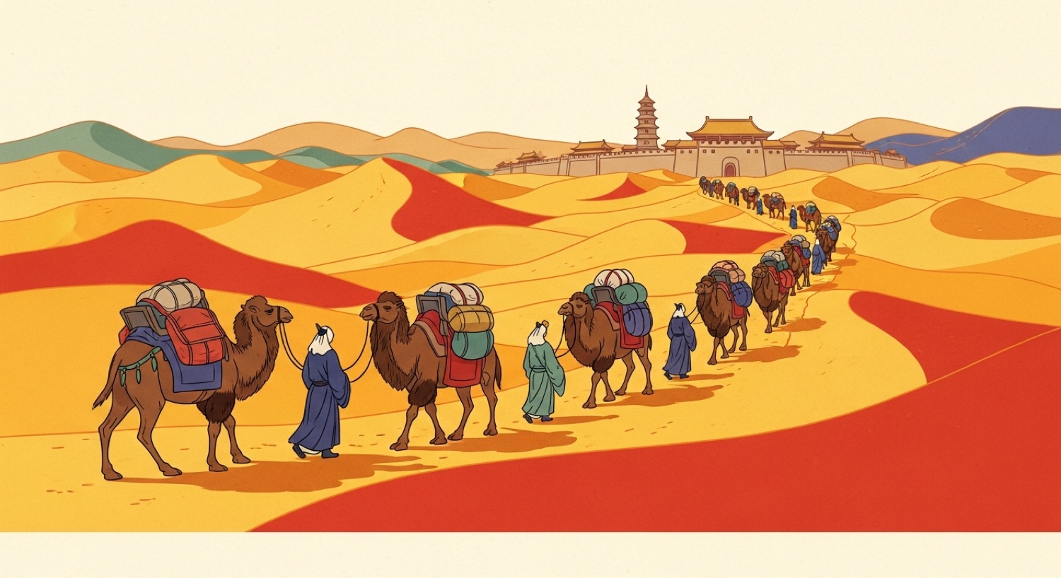 A Silk Road camel caravan crossing the desert toward a Tang city — trade at the height of the Tang