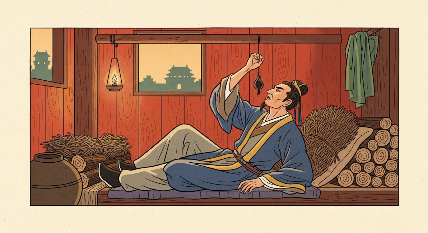 卧薪尝胆 (wò xīn cháng dǎn) — King Goujian reclines on brushwood and reaches up to taste a hanging gall, his lost palace visible through the window