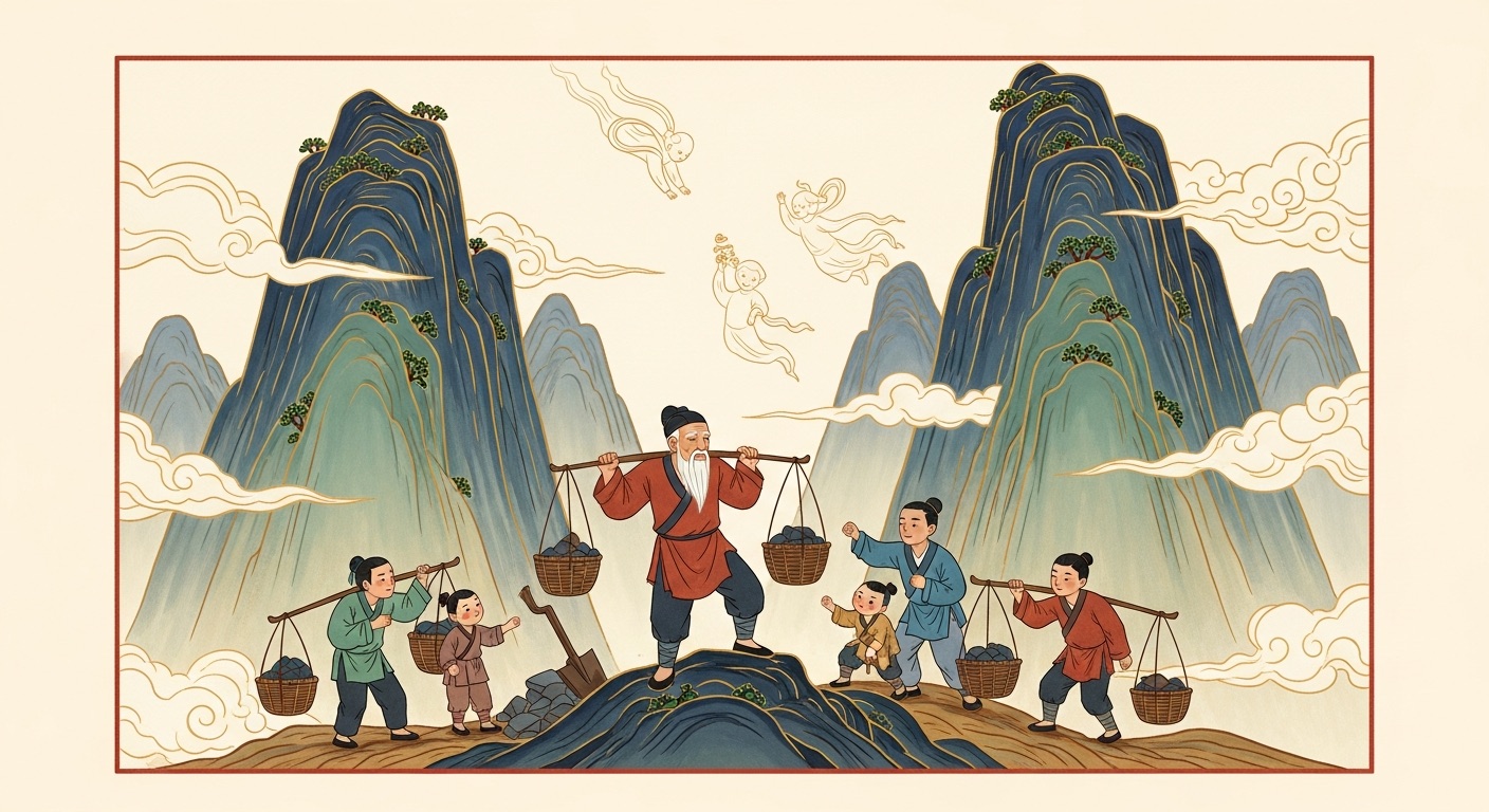 愚公移山 (yú gōng yí shān) — an old man and his family carry away baskets of earth at the foot of two vast mountains
