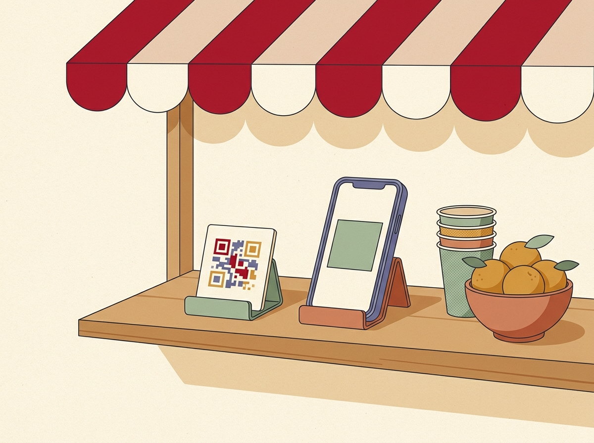 A market stall counter with a printed payment QR card in a holder and a phone propped beside it, under a red awning.