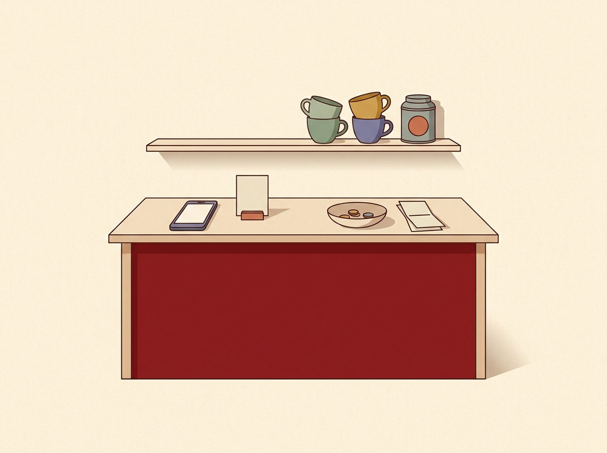 A shop counter seen from the customer's side: a phone lying face up, a printed card standing in a holder, a shallow bowl of coins and a folded receipt, with stacked cups and a tea tin on the shelf behind.