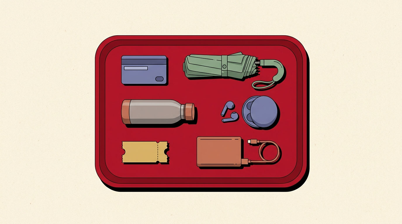 A flat-lay on a deep red tray: a transit card, a folded umbrella, a water bottle, earbuds in a case, a paper ticket stub and a power bank with its cable.