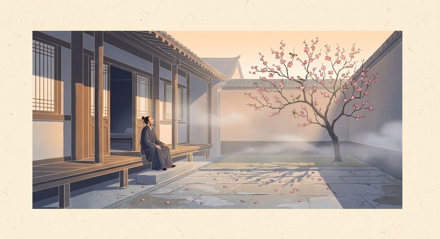 春晓 (Spring Dawn), one of the best-known Chinese poems — a figure just woken in a doorway at dawn, birds in a blossoming tree and petals scattered across rain-wet flagstones