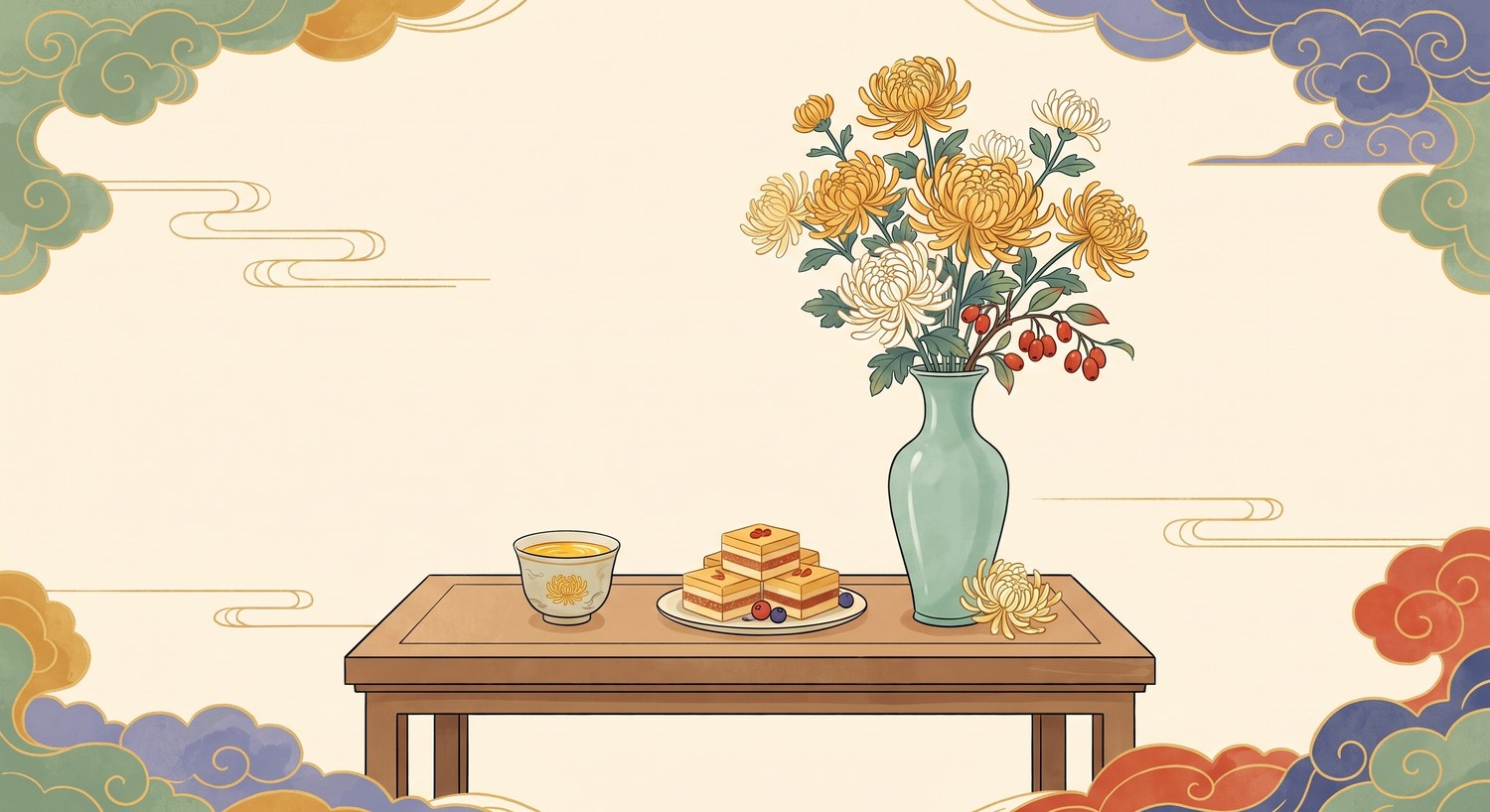 Chrysanthemum wine, layered Double Ninth cake and golden chrysanthemums with red dogwood berries in a celadon vase