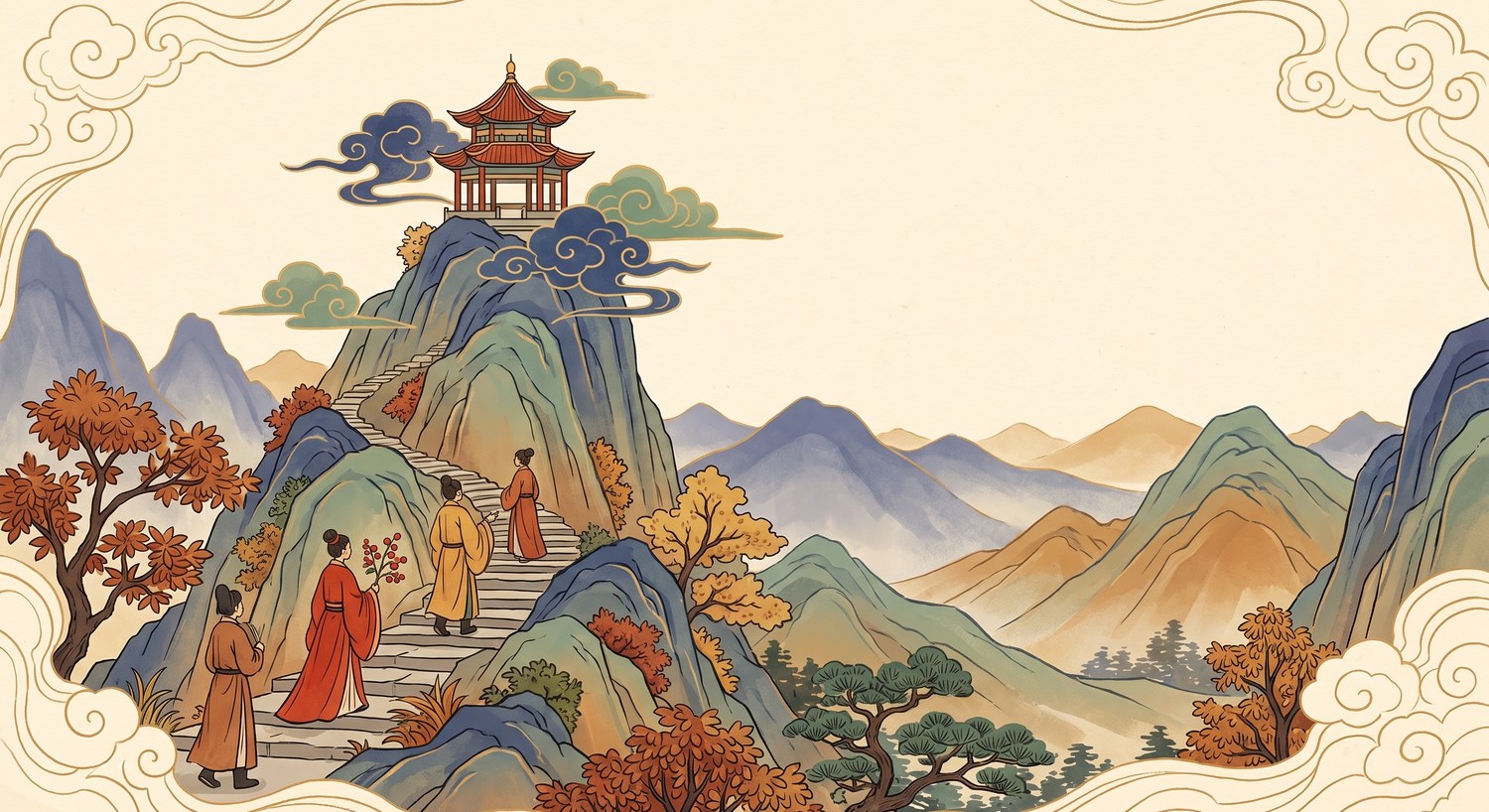 Double Ninth Festival (重阳节) — figures in Tang robes climbing a mountain path to a hilltop pavilion in autumn, one carrying a sprig of red dogwood