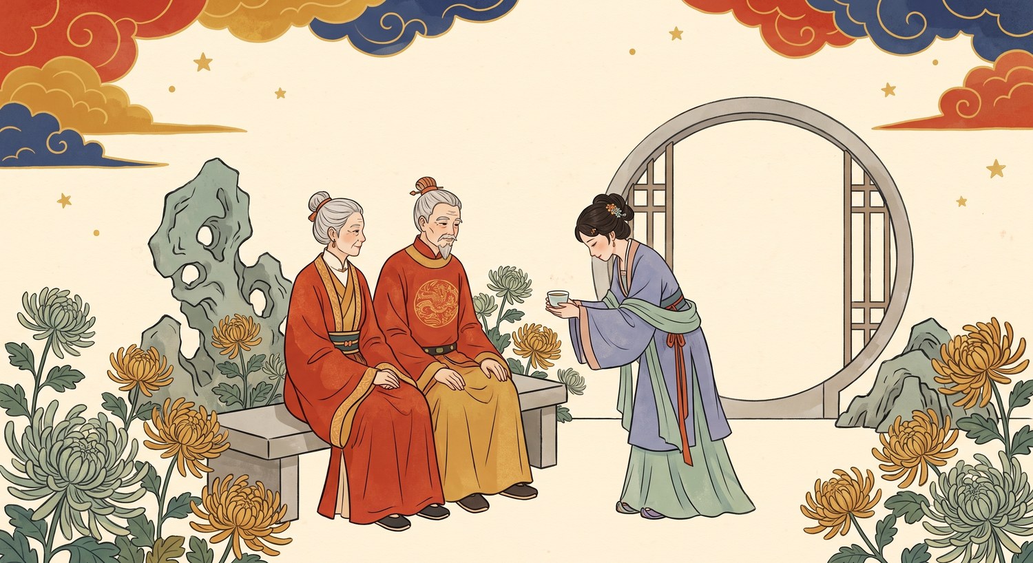 A younger woman offering tea with both hands to an elderly couple among chrysanthemums — the Double Ninth as Seniors' Day