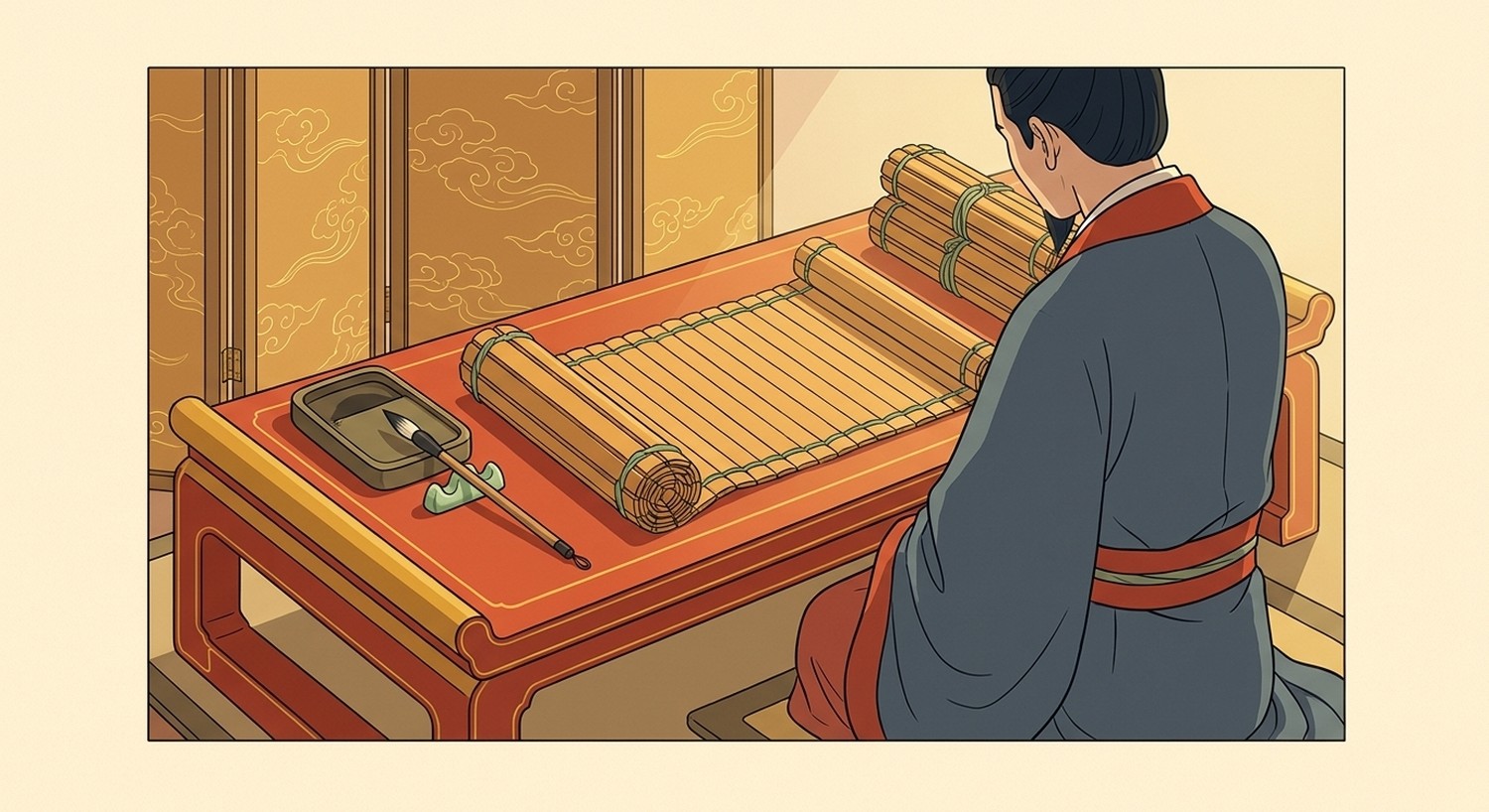 A Han scholar at a low lacquered desk with an unrolled bamboo slip scroll, inkstone and brush — the form in which the Records of the Grand Historian was written