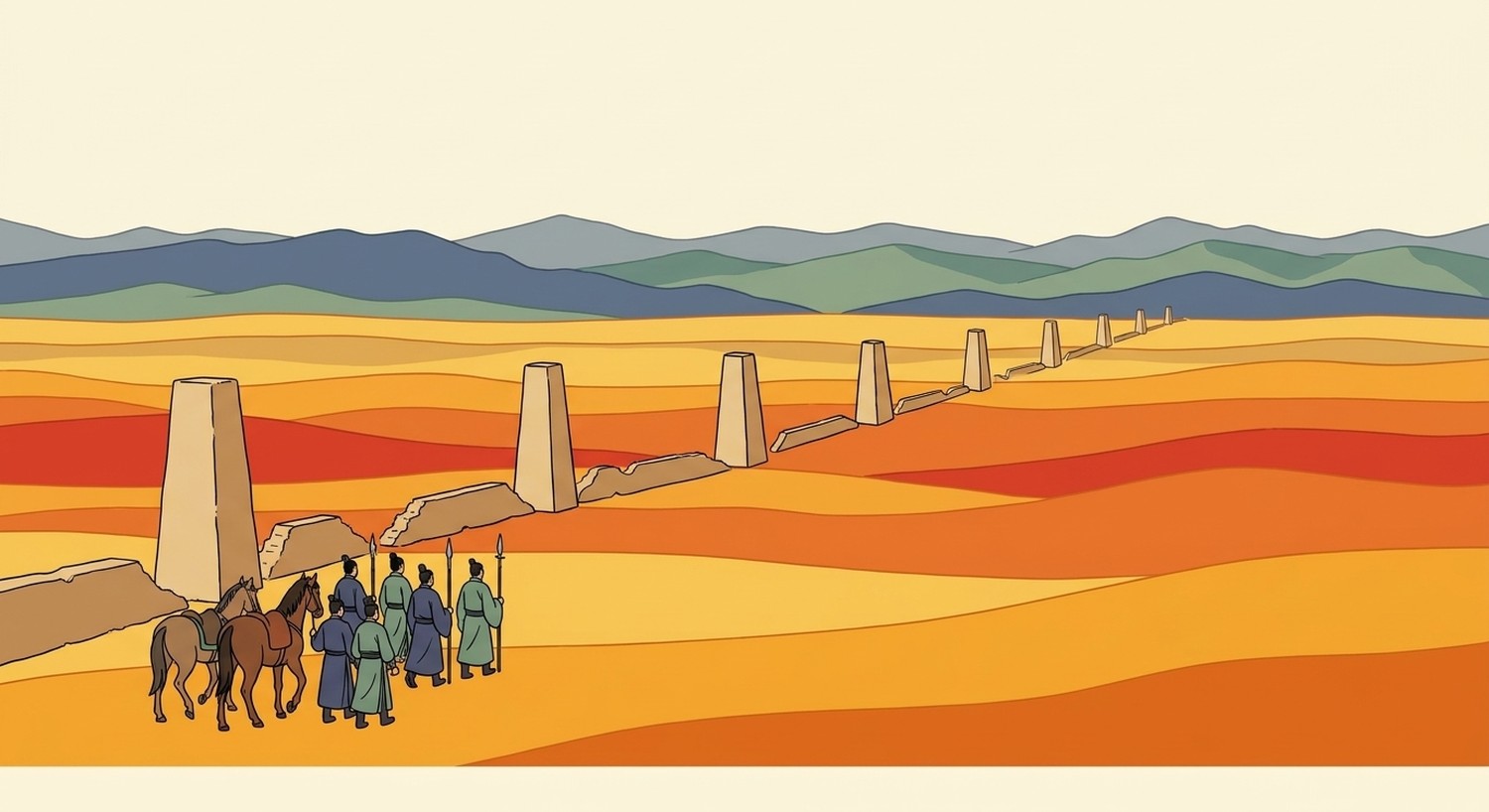 A chain of Han rammed-earth beacon towers receding across the ochre desert of the Hexi Corridor, with Han soldiers and horses in the foreground