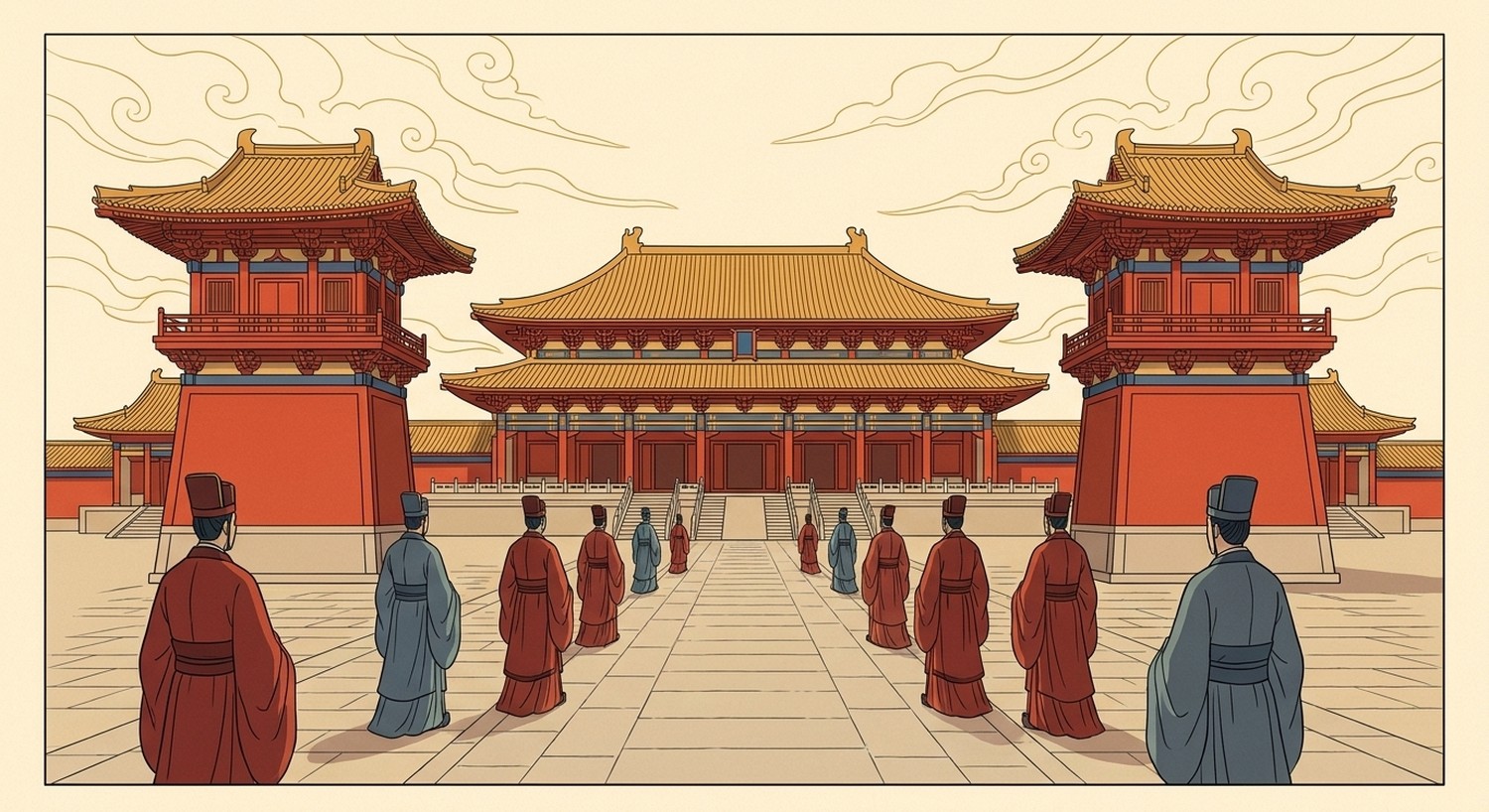 The approach to a Han dynasty palace — paired que gate-towers flanking a paved processional way, with a raised hall on a rammed-earth terrace and officials in Han robes