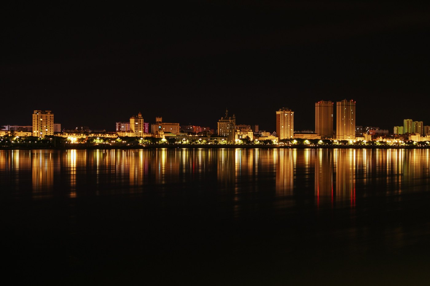 The Amur River at night on the China–Russia border at Heihe, Heilongjiang
