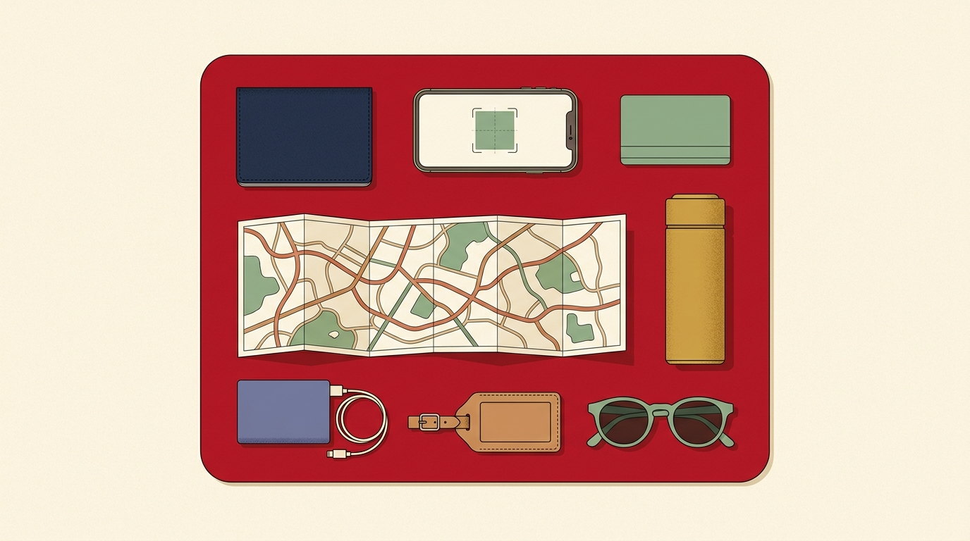 Mandarin for travelling in China — a flat-lay of what you carry: passport, phone showing a payment scan panel, transit card, paper map, tea flask, power bank, luggage tag and sunglasses.