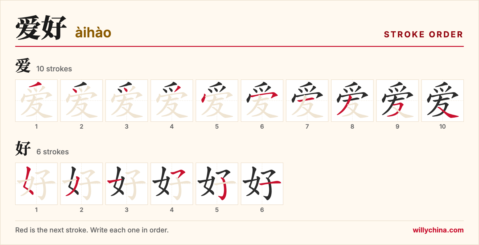 爱好 (àihào) stroke order chart: each stroke of the characters in the order you write them