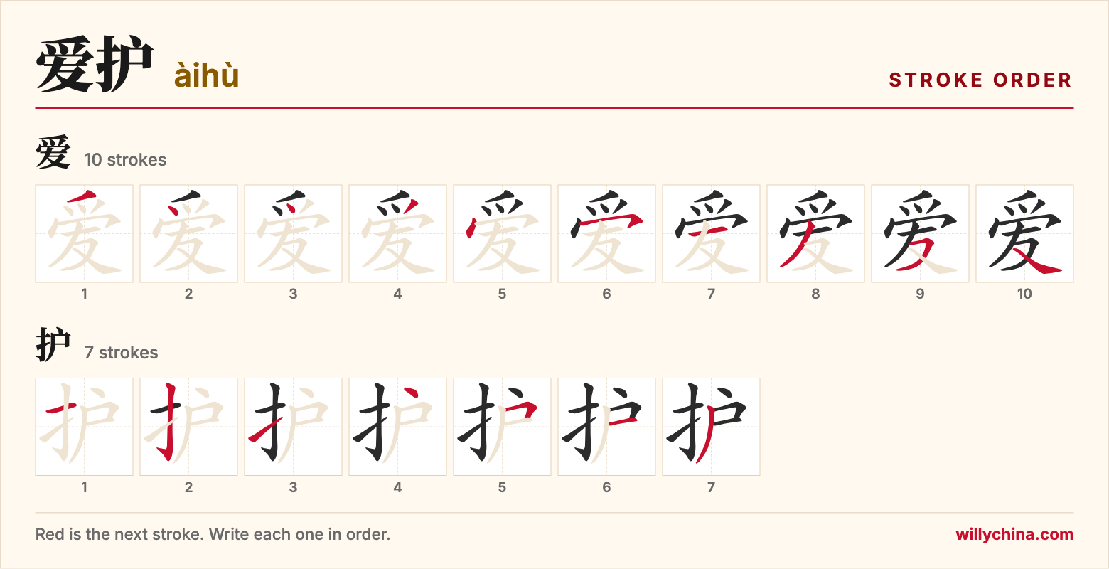 爱护 (àihù) stroke order chart: each stroke of the characters in the order you write them