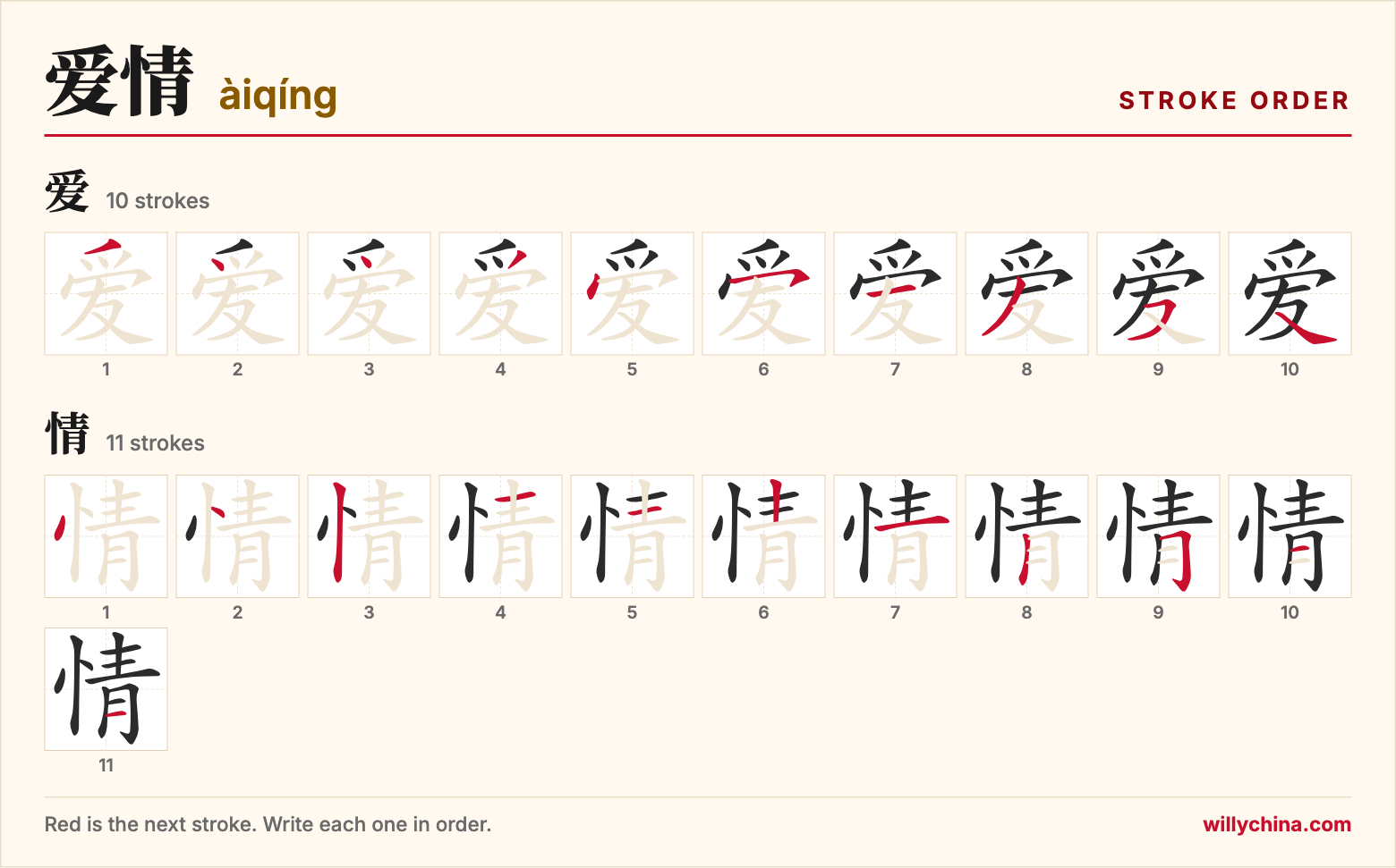 爱情 (àiqíng) stroke order chart: each stroke of the characters in the order you write them