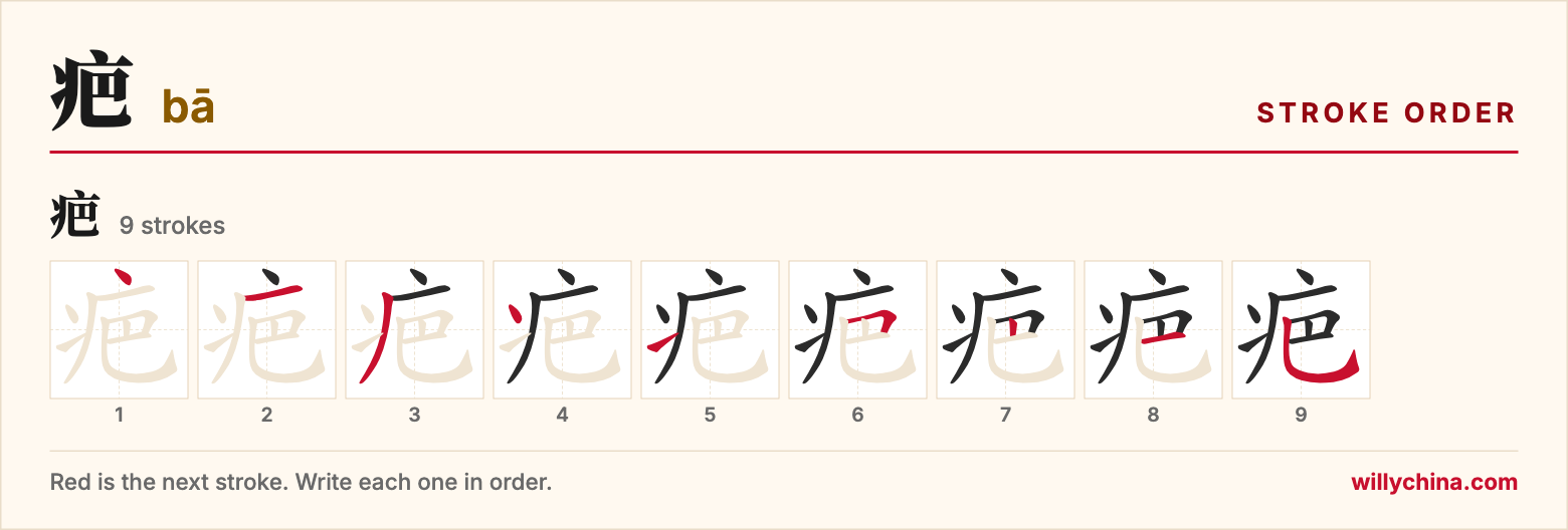 疤 (bā) stroke order chart: each stroke of the character in the order you write it