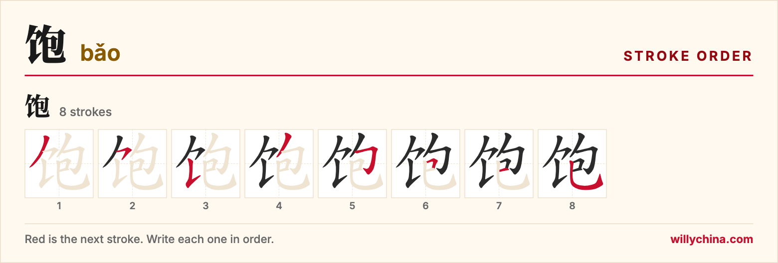 饱 (bǎo) stroke order chart: each stroke of the character in the order you write it