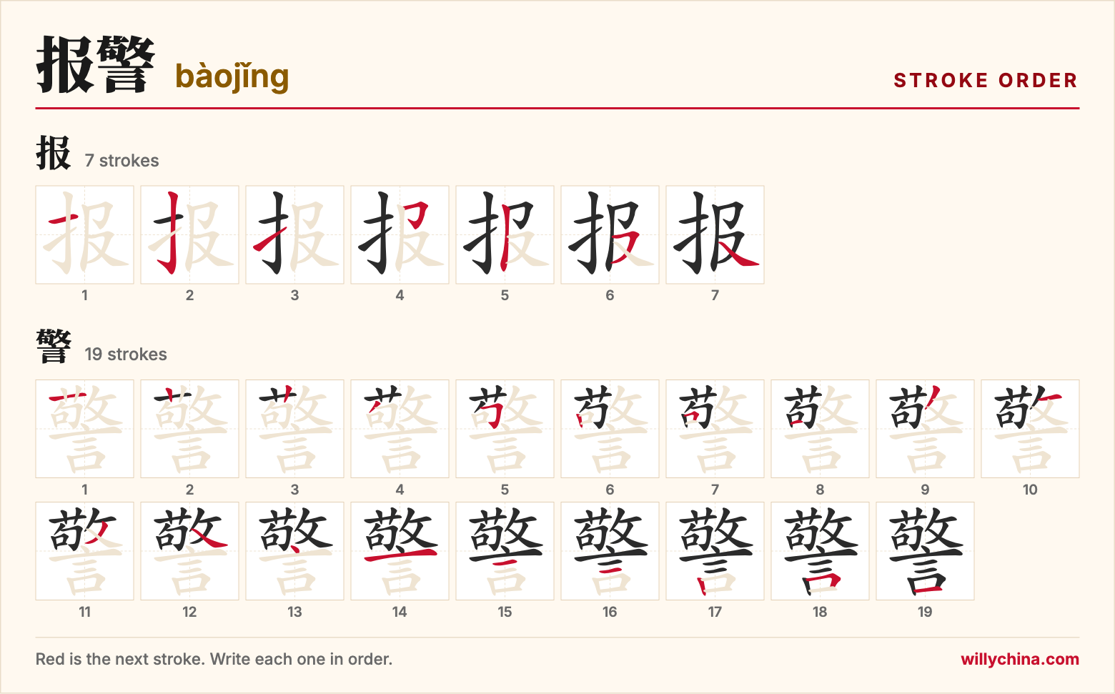 报警 (bàojǐng) stroke order chart: each stroke of the characters in the order you write them