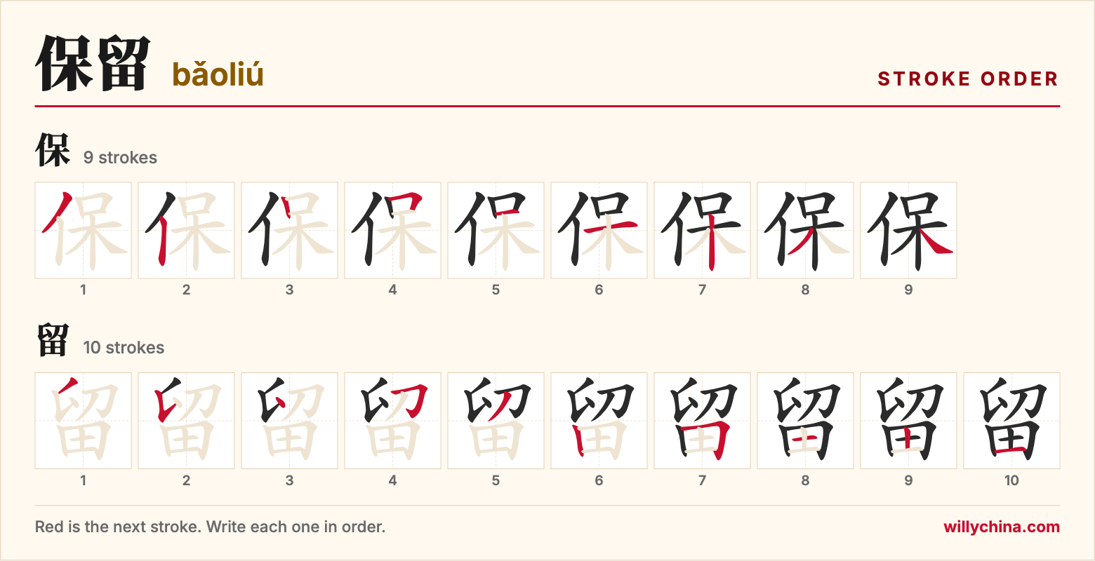 保留 (bǎoliú) stroke order chart: each stroke of the characters in the order you write them