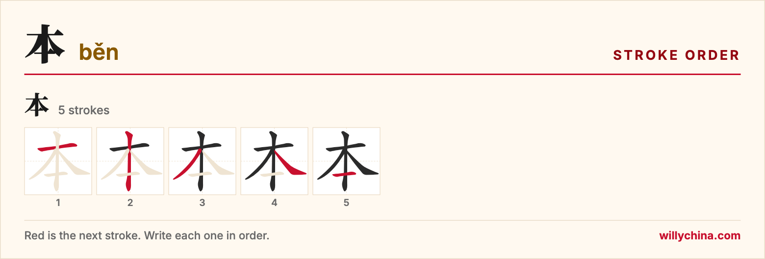 本 (běn) stroke order chart: each stroke of the character in the order you write it