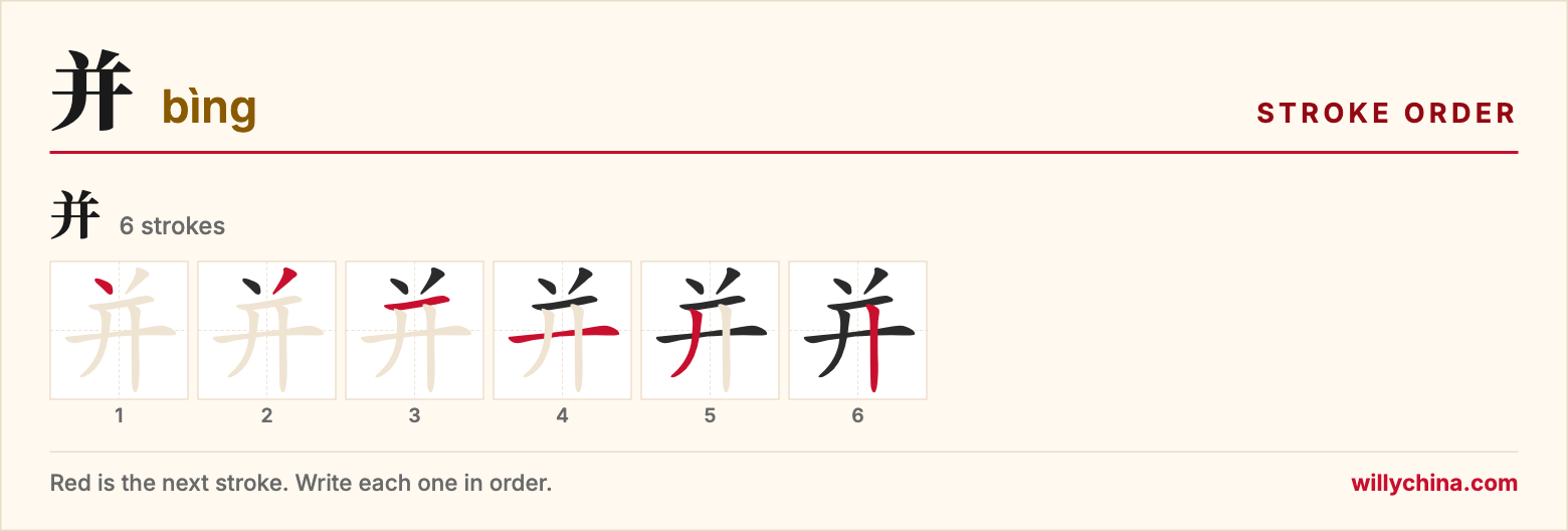 并 (bìng) stroke order chart: each stroke of the character in the order you write it