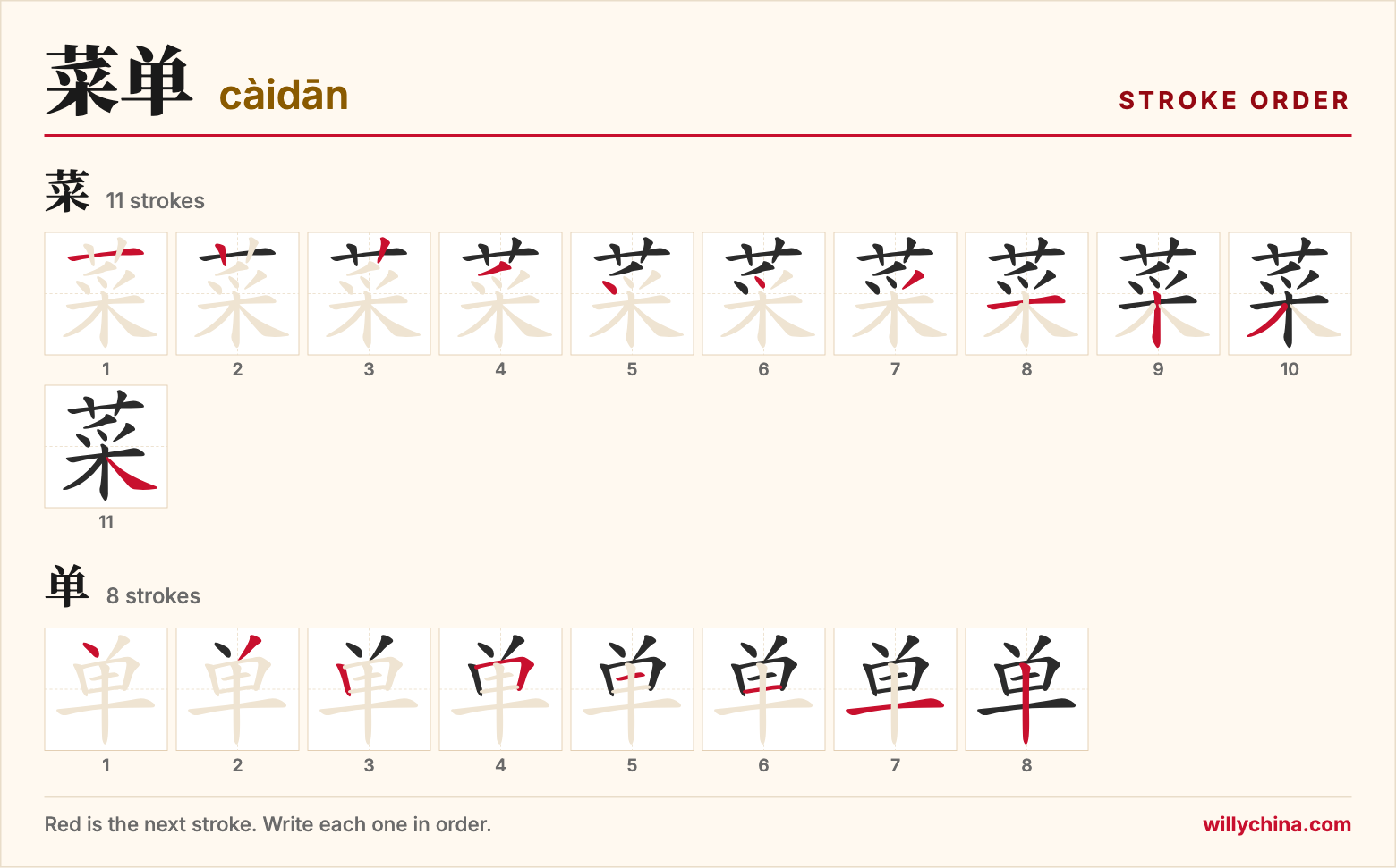 菜单 (càidān) stroke order chart: each stroke of the characters in the order you write them