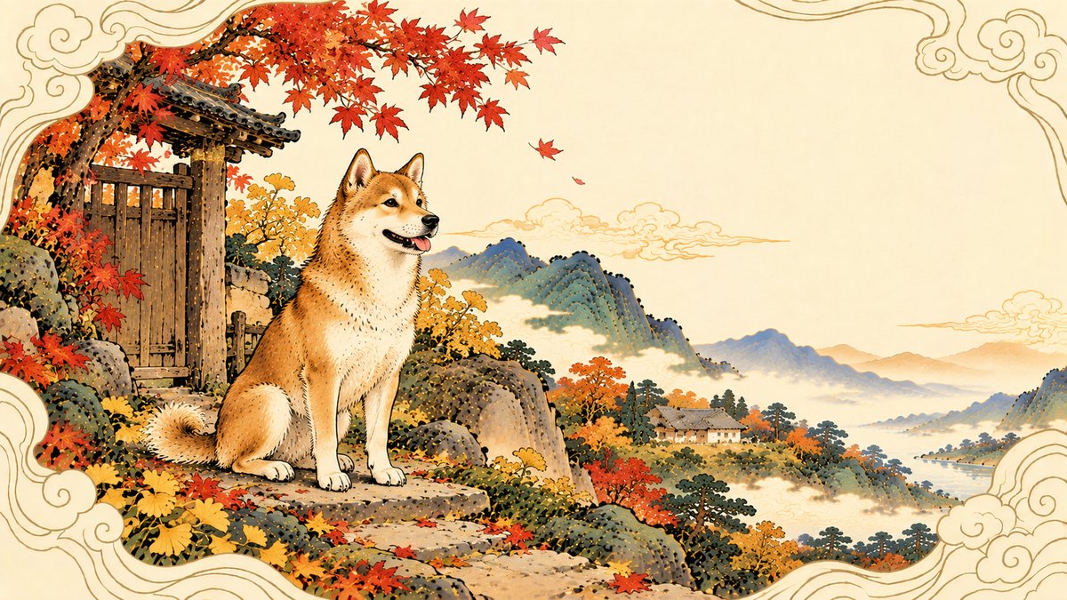 Year of the Dog illustration: a golden dog with pricked ears and a curled tail sits on a stone step beside a wooden farm gate under red maple leaves, looking out over misty autumn mountains, a farmhouse and a lake