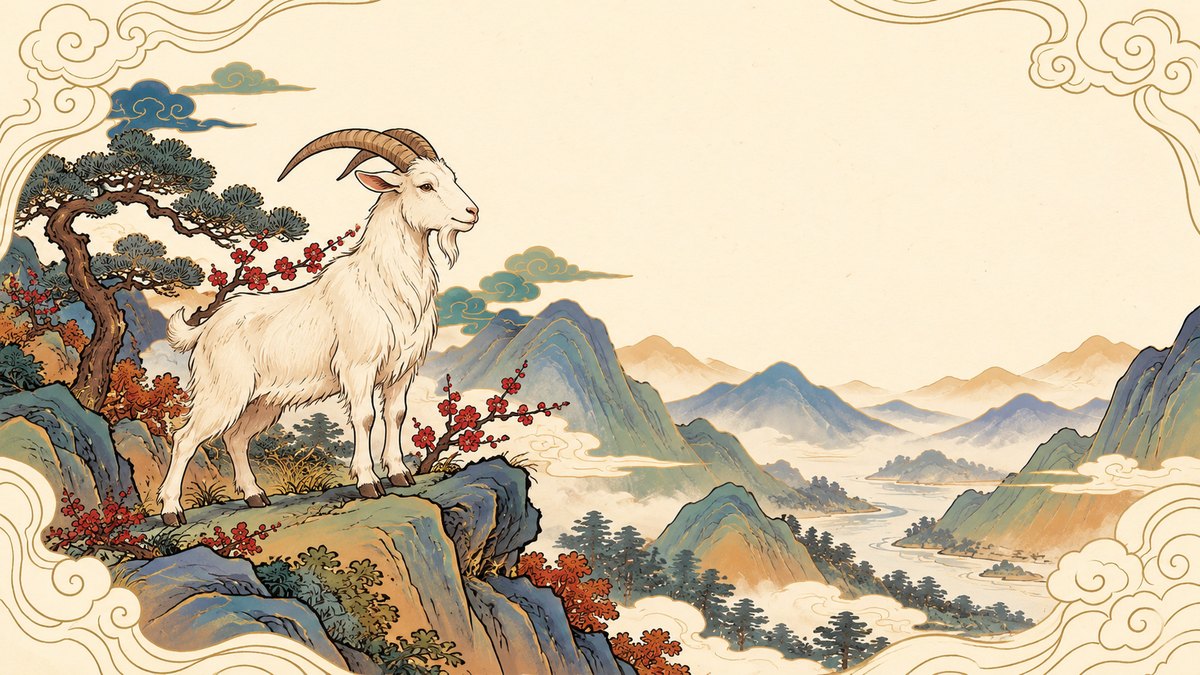 Year of the Goat illustration: a white goat with curved horns stands on a rocky mountain ledge beside a pine tree and red plum blossom, looking out over misty blue-green mountains