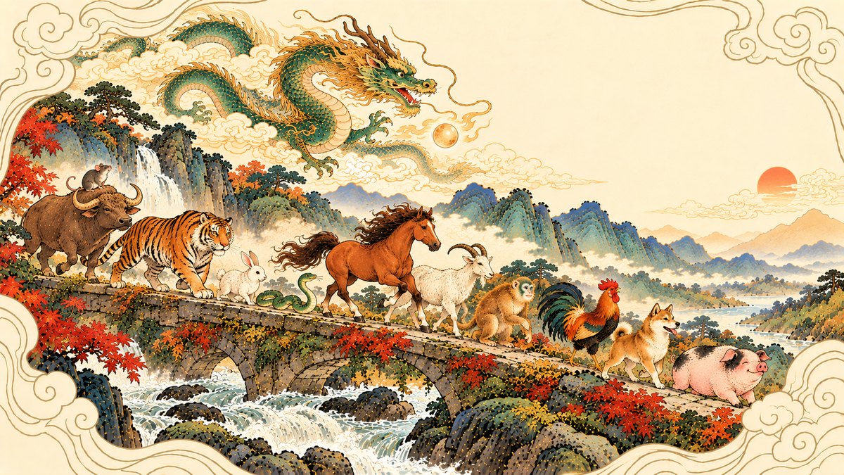 The Chinese zodiac animals of the Great Race crossing a stone bridge over a mountain river in zodiac order: the rat riding on the ox, then the tiger, rabbit, snake, horse, goat, monkey, rooster, dog and pig, with the dragon flying above in the clouds