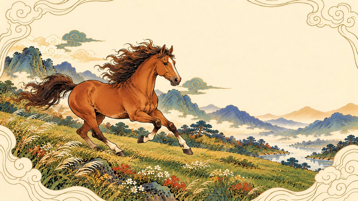 Year of the Horse illustration: a chestnut horse with a flowing dark mane and tail gallops across a grassy hillside of wildflowers and pampas grass, with pine trees, a winding river and misty blue-green mountains behind