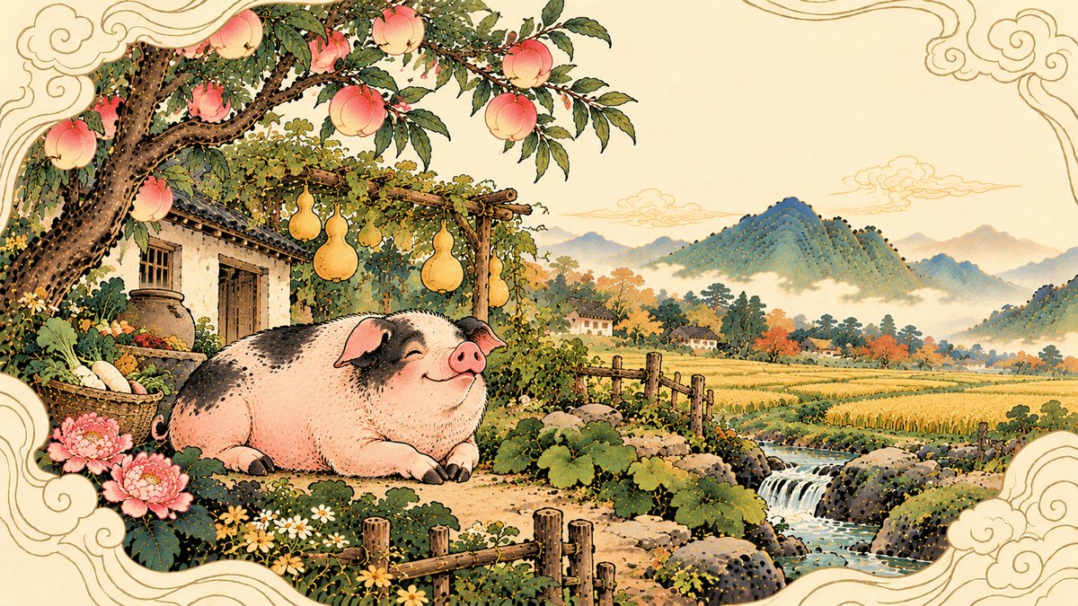 Year of the Pig illustration: a contented pink pig with black patches dozes and smiles beneath a peach tree and a gourd trellis outside a farmhouse, with golden rice fields, a little waterfall and misty green mountains beyond