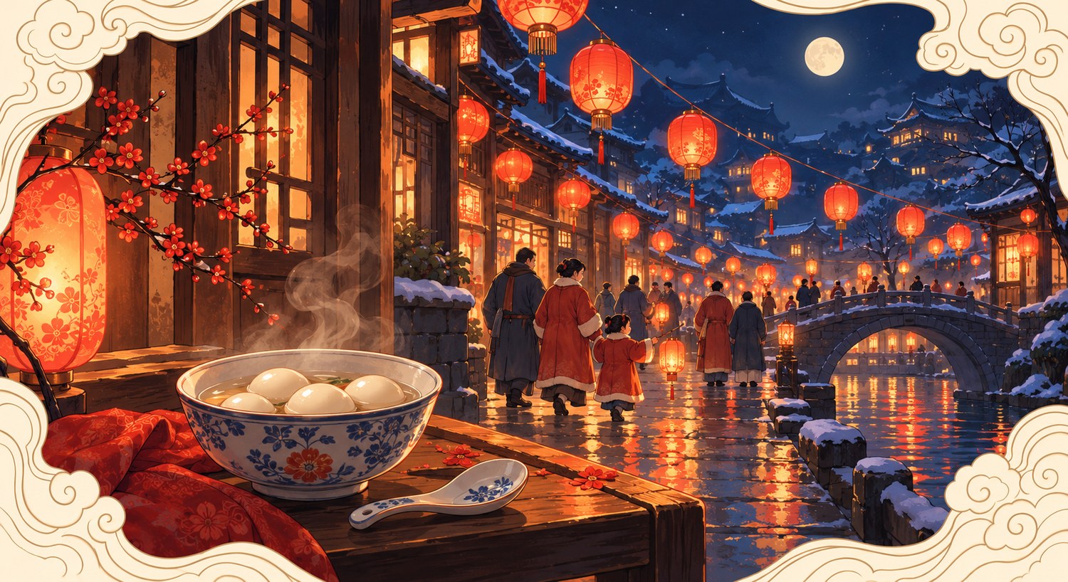 The Lantern Festival at night: red lanterns strung above a snowy canal street and a stone bridge, their light reflected in the water, with a bowl of tangyuan and a porcelain spoon on a table in the foreground.