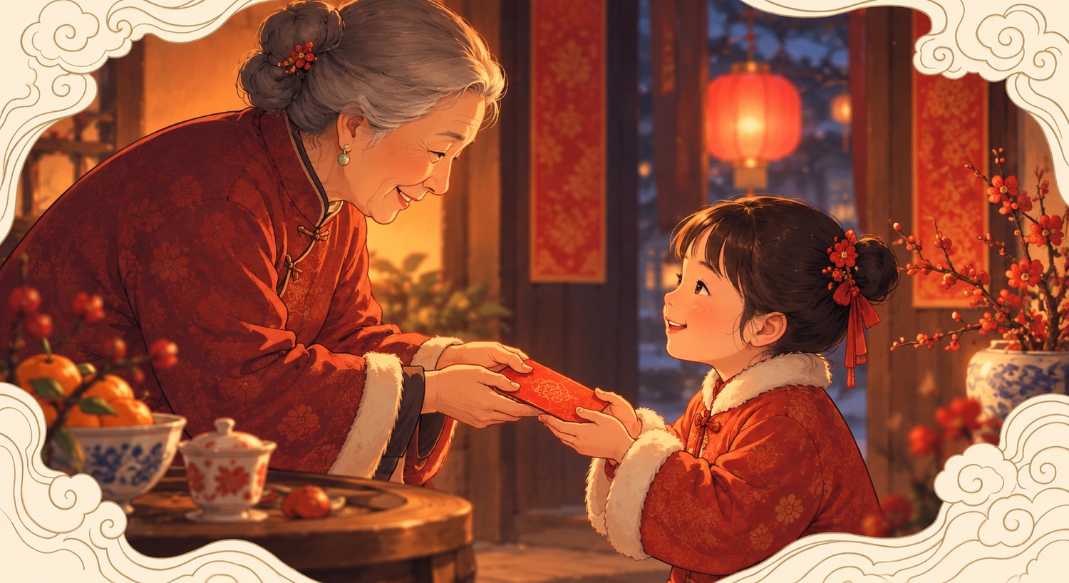 A grandmother passing a red packet to a smiling child, both of them holding it with two hands, in a warm lamplit doorway hung with plain red paper.