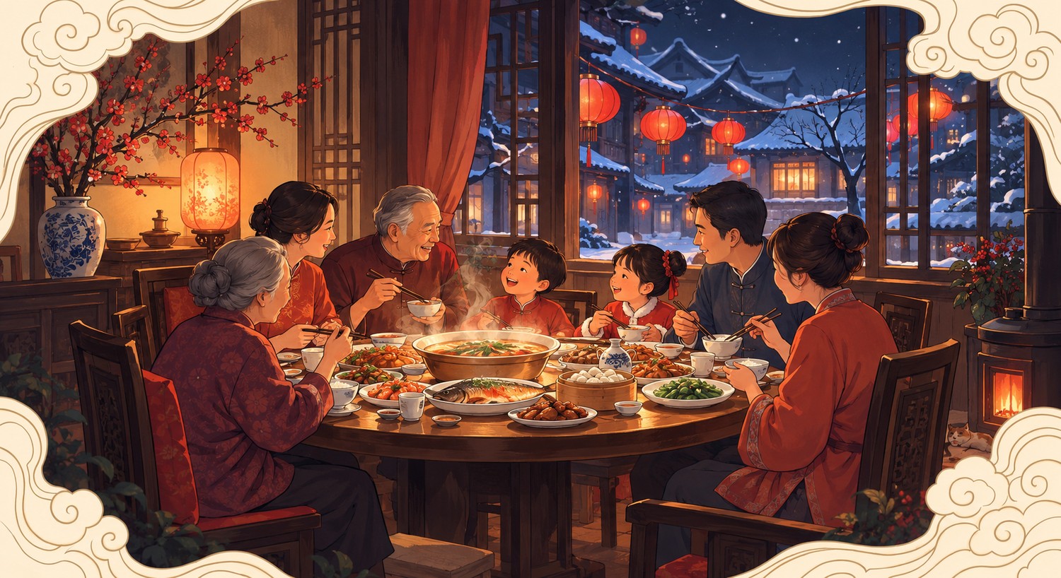Chinese New Year 2027 reunion dinner on New Year’s Eve: grandparents, parents and two children around a round table, a steaming hotpot and shared dishes between them, and a snowy street hung with red lanterns through the window behind.