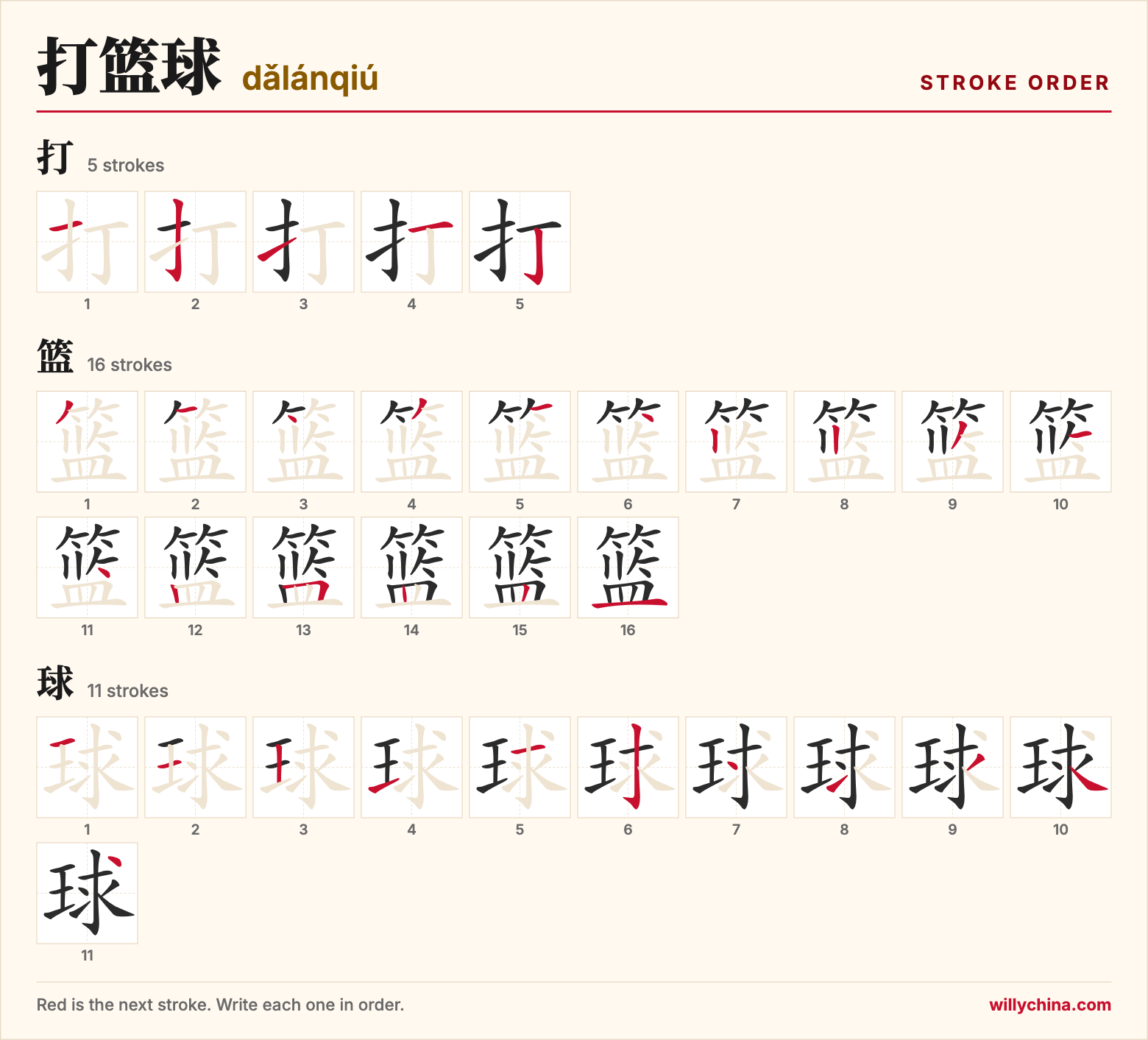 打篮球 (dǎlánqiú) stroke order chart: each stroke of the characters in the order you write them