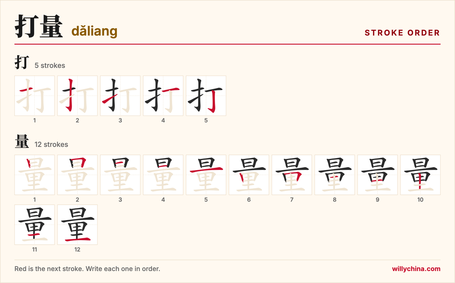 打量 (dǎliang) stroke order chart: each stroke of the characters in the order you write them