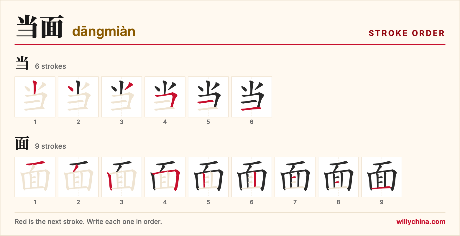 当面 (dāngmiàn) stroke order chart: each stroke of the characters in the order you write them