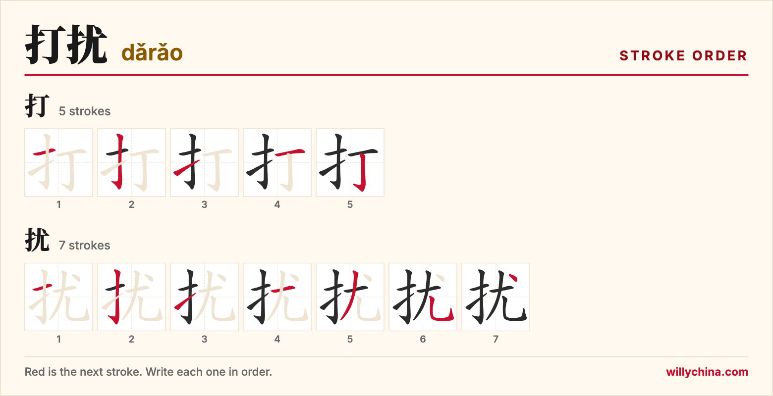 打扰 (dǎrǎo) stroke order chart: each stroke of the characters in the order you write them