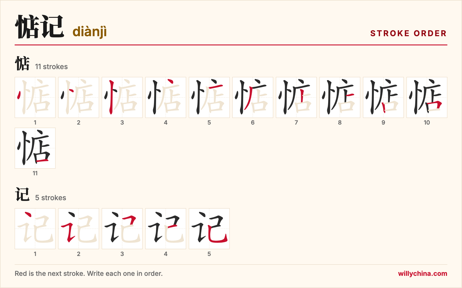 惦记 (diànjì) stroke order chart: each stroke of the characters in the order you write them
