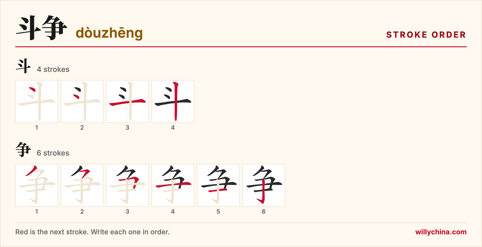 斗争 (dòuzhēng) stroke order chart: each stroke of the characters in the order you write them